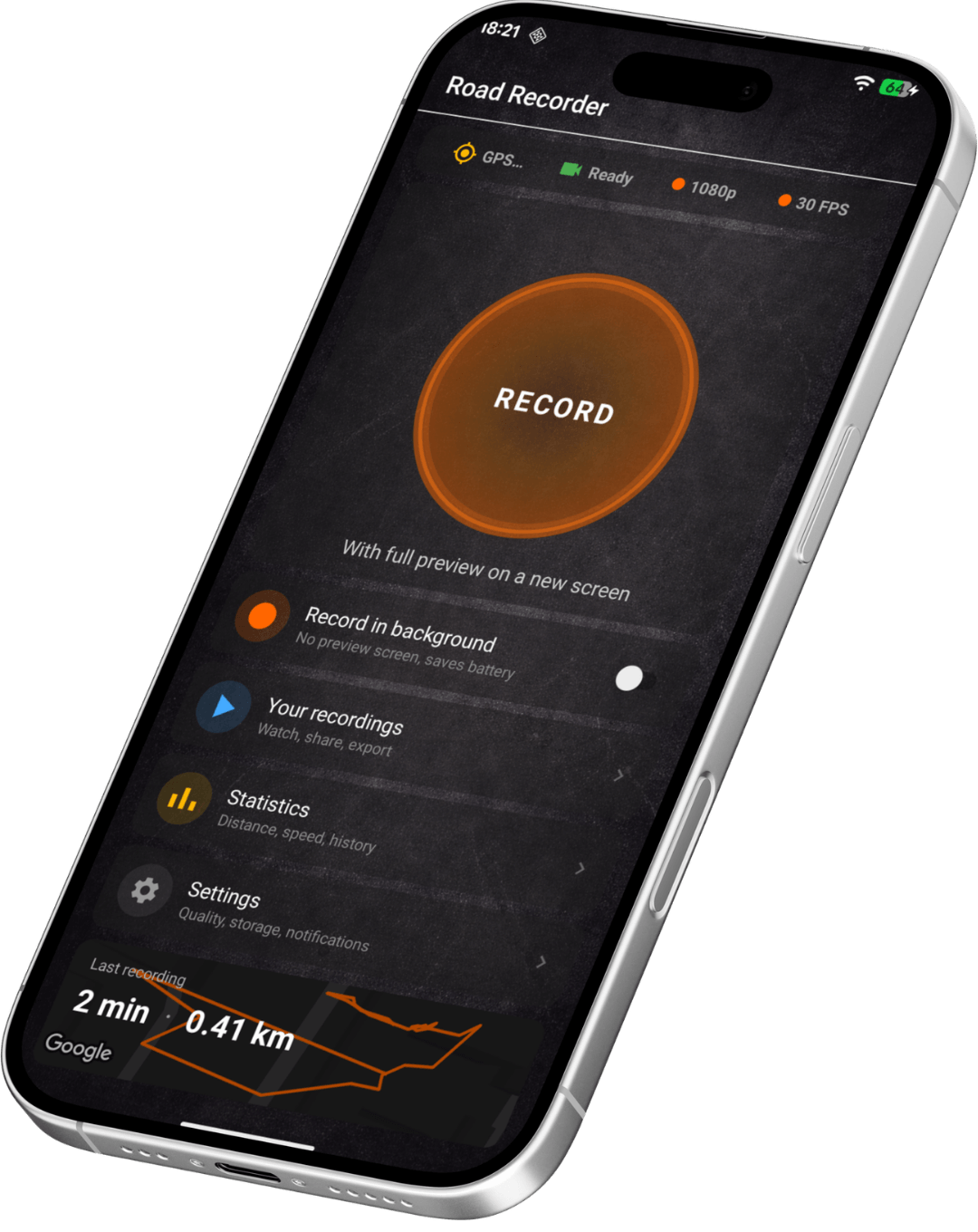 Road Recorder app recording a drive