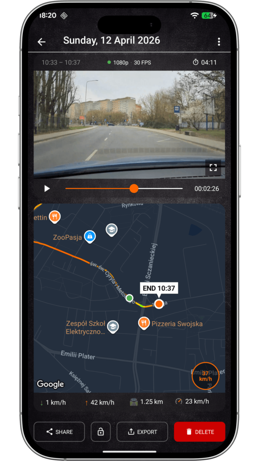Road Recorder trip playback with map